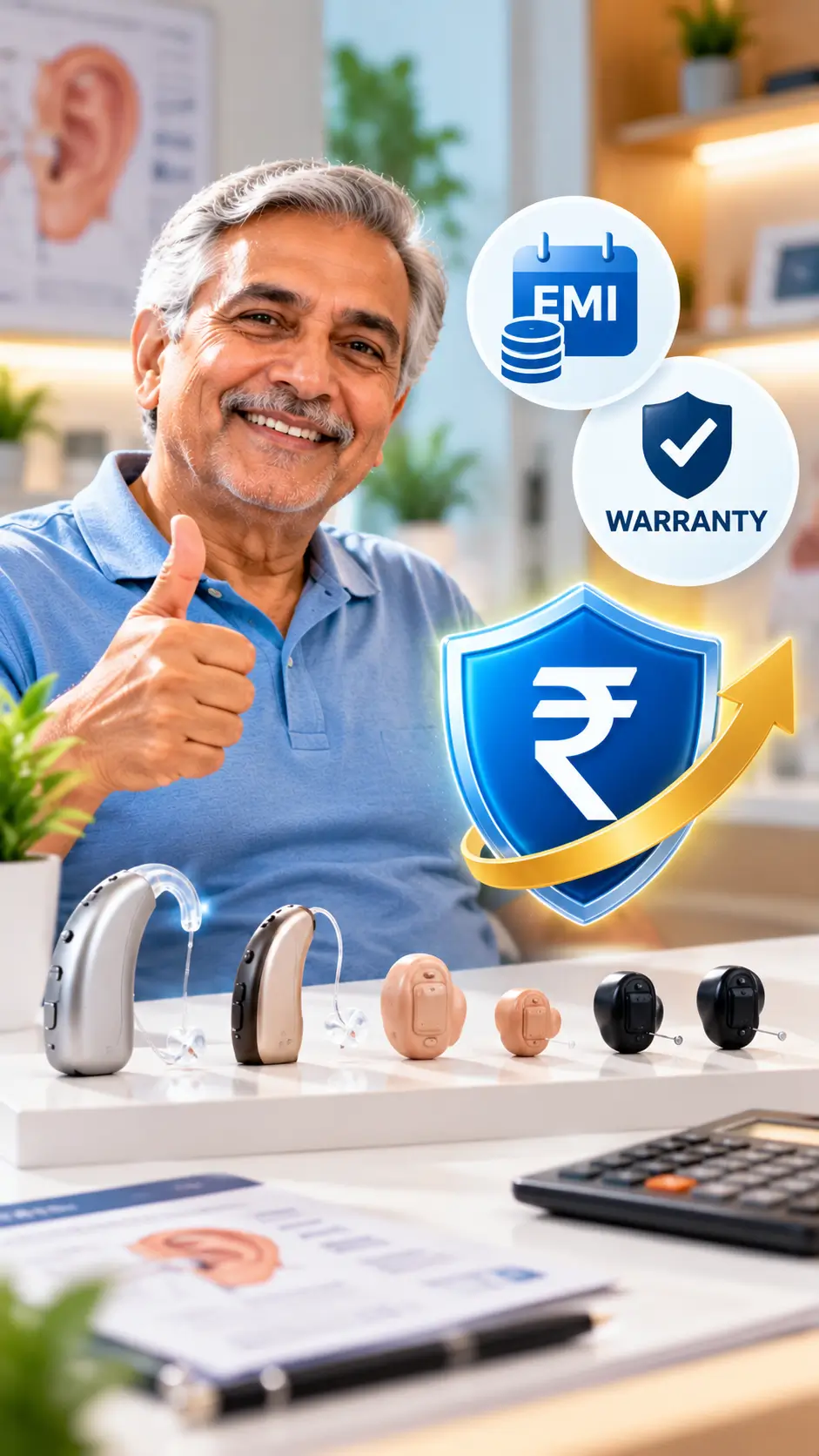 Senior man wearing a hearing aid smiling outdoors
