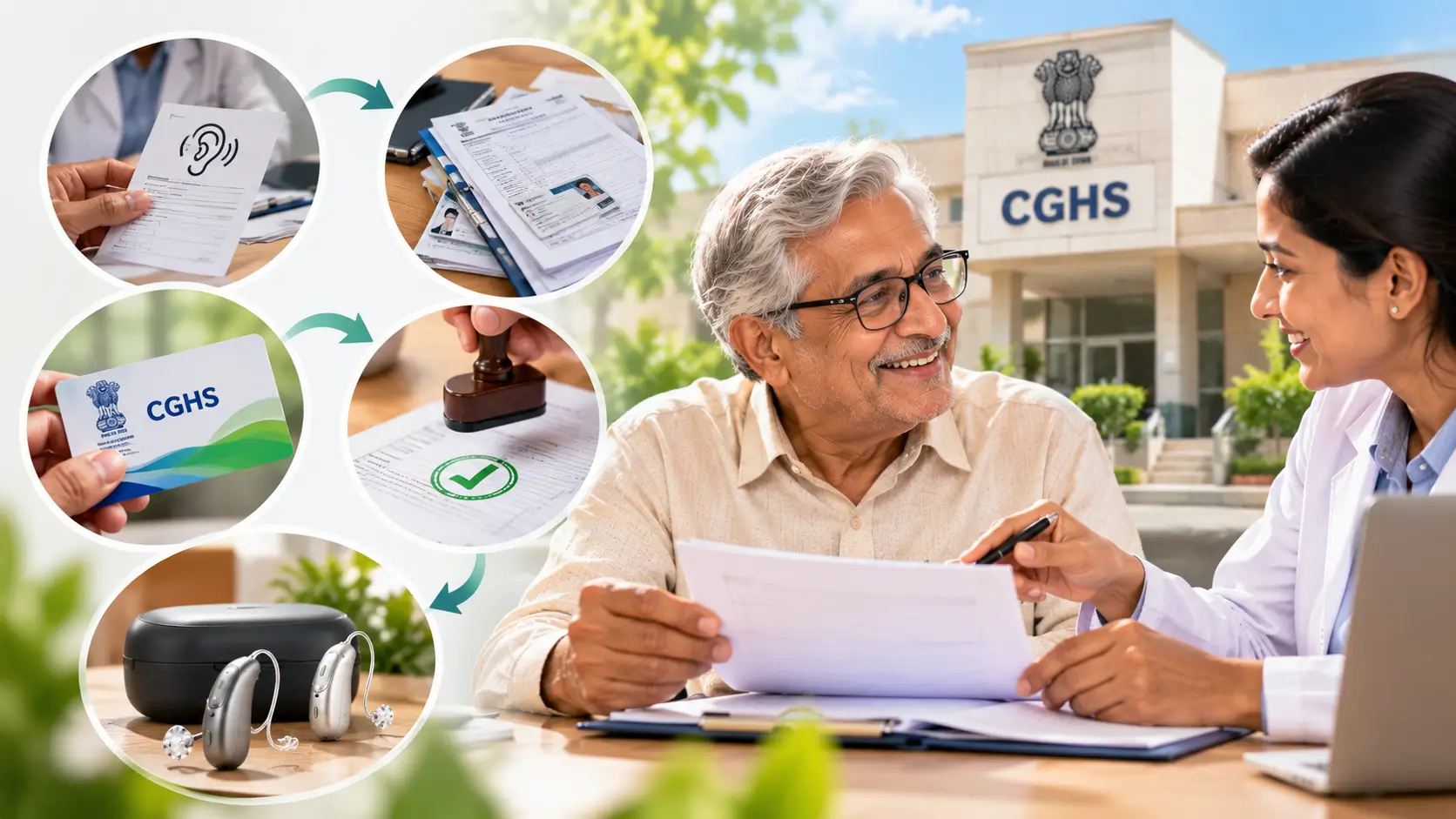 Audiologist discussing hearing aid paperwork and claim documents with a senior patient